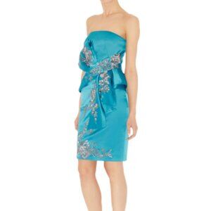 Karen Millen Women Turquoise Silver Satin Embroidered Floral Pencil Dress Size 6